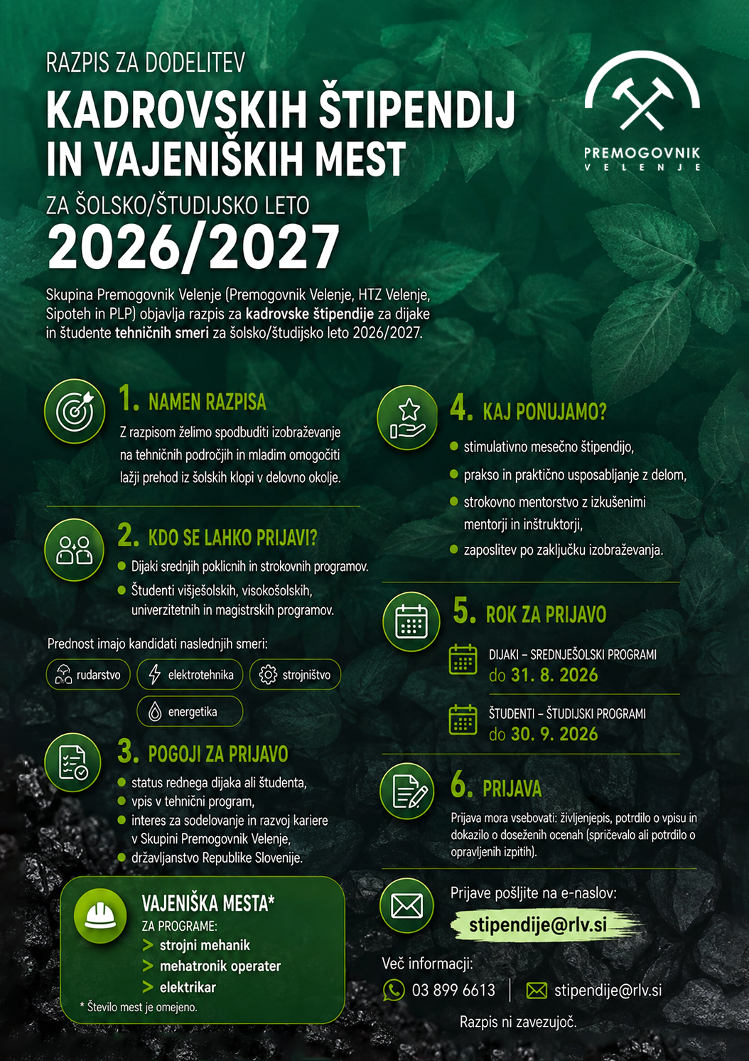 Razpis kadrovskih štipendij in vajeniških mest za šolsko/študijsko leto 2026/2027